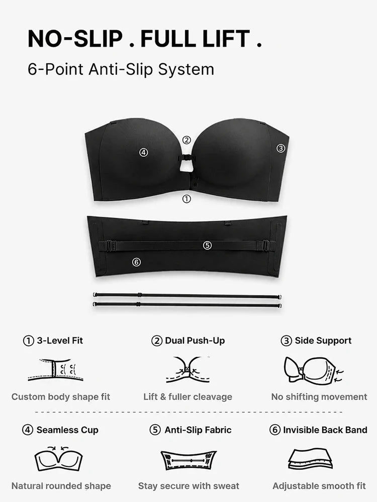 No-Slip Front Closure Push-Up Strapless Bra