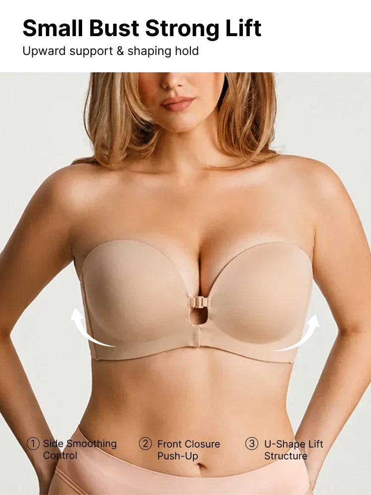 No-Slip Front Closure Push-Up Strapless Bra