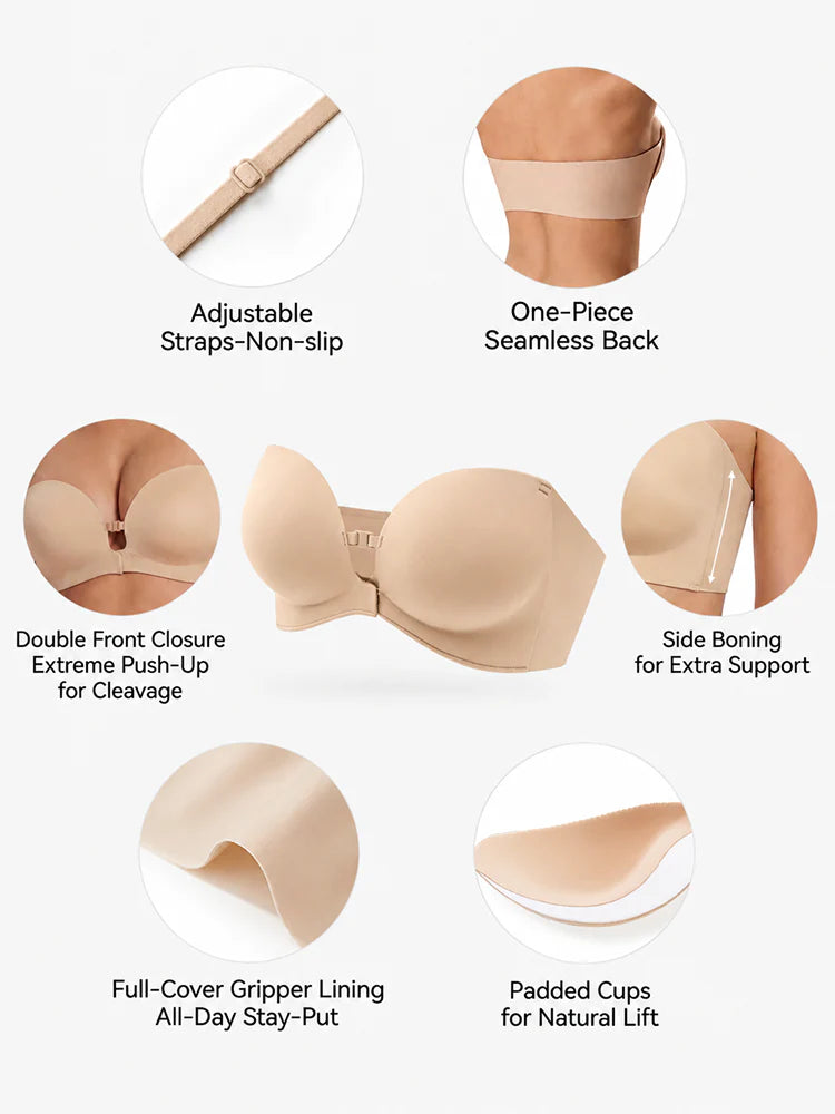 No-Slip Front Closure Push-Up Strapless Bra