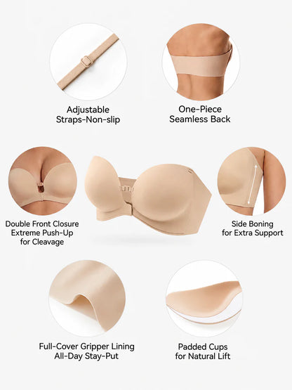 No-Slip Front Closure Push-Up Strapless Bra